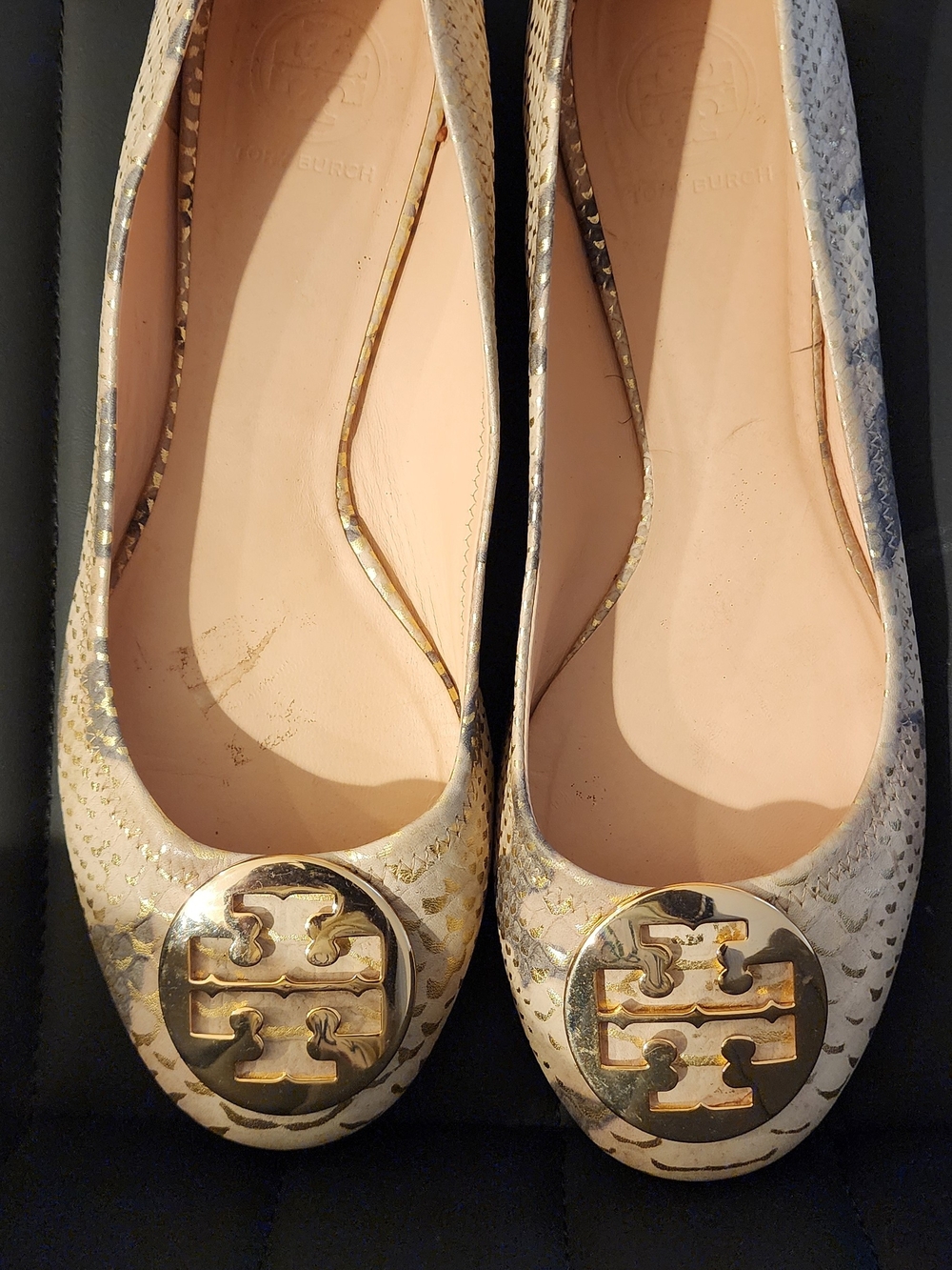 Tory Burch Metallic Snakeskin Logo Ballet Flats in Gold & Ivory